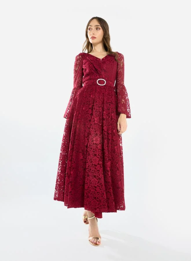 هاوس اوف مودا فستان ميدي بأكمام دانتيل واسعة